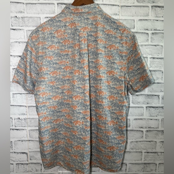 Solaris blue & orange fish pattern collared short sleeve button down shirt Lg - Picture 2 of 5